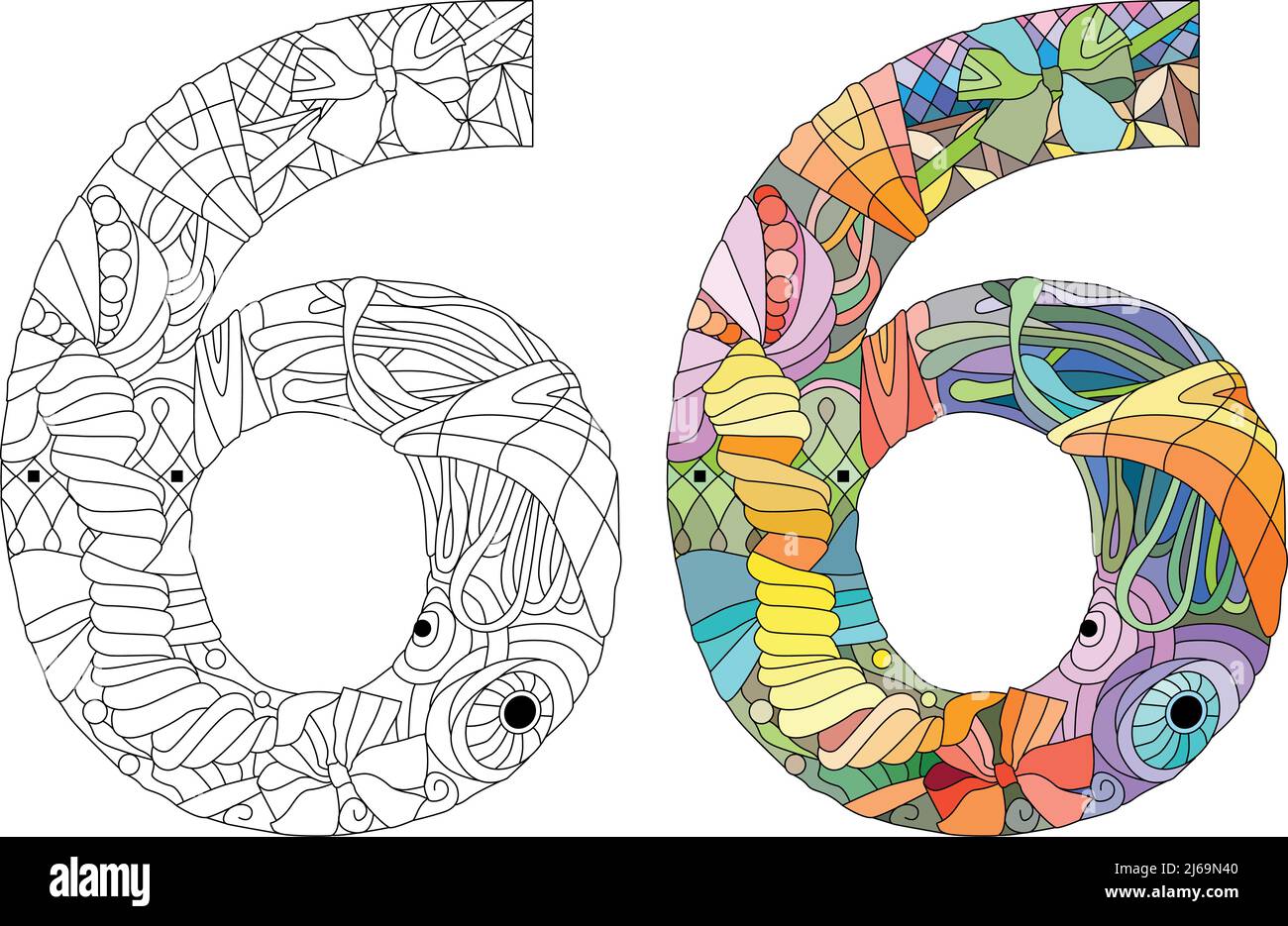 アート・デザイン・音楽 Six Number6/1990 Six number Isolated zentangle illustration for coloring. Color and