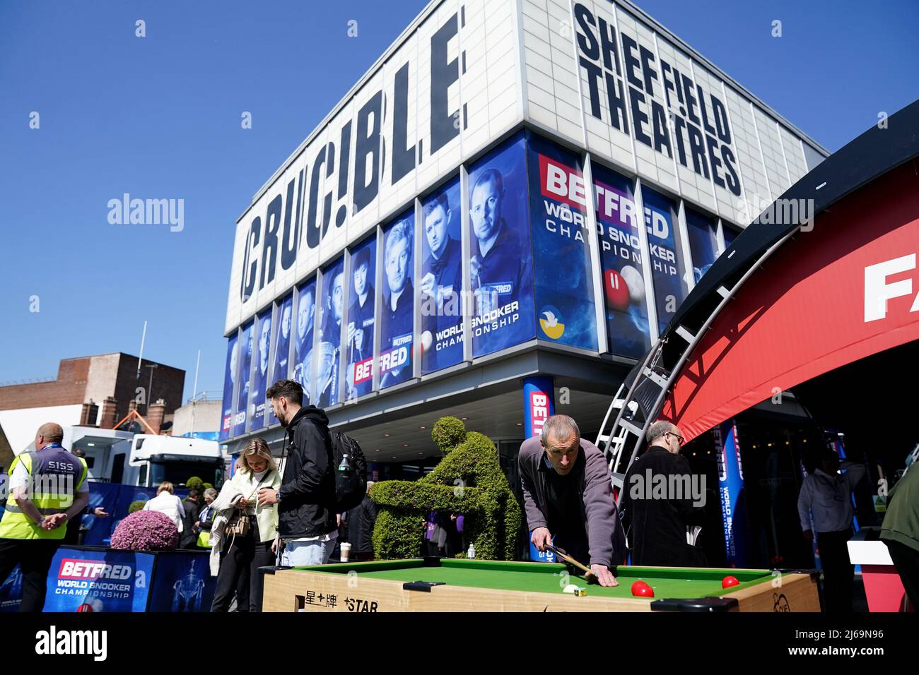 A general view outside of the Crucible during day fourteen of the Betfred World Snooker Championship at The Crucible, Sheffield