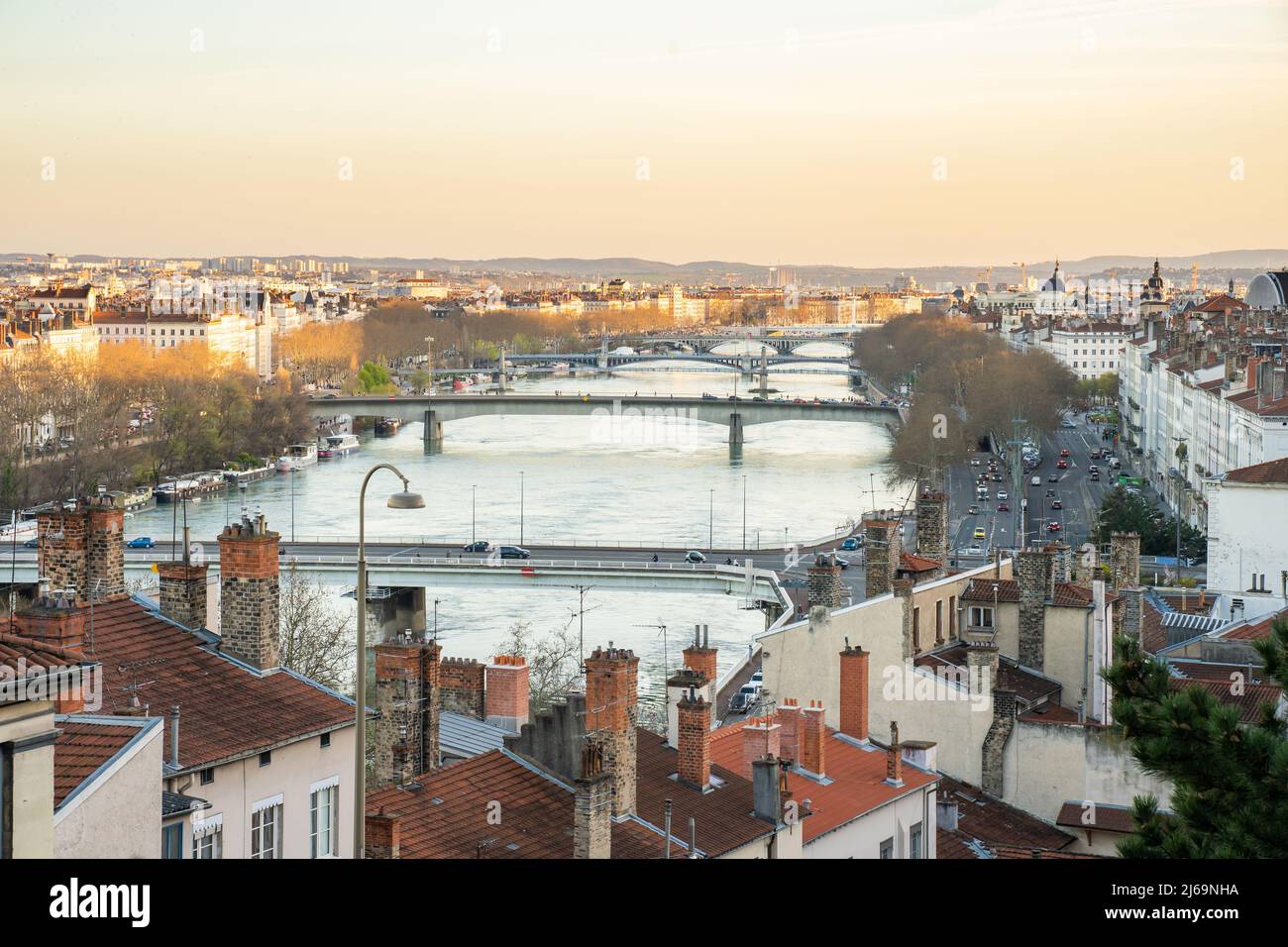 Lyon, France, March 14, 2020 top view of the Rhone bridges from the city. From the district of La Croix-Rousse Stock Photo