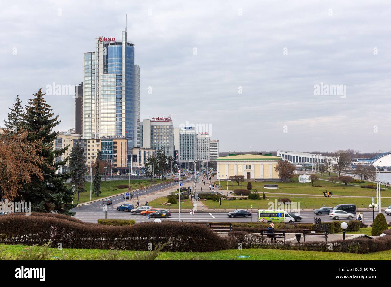 Minsk, Belarus, 04.11.21. Landscape of Upper City Minsk with financial district, BSB Bank buildings and Sport Palace. Stock Photo