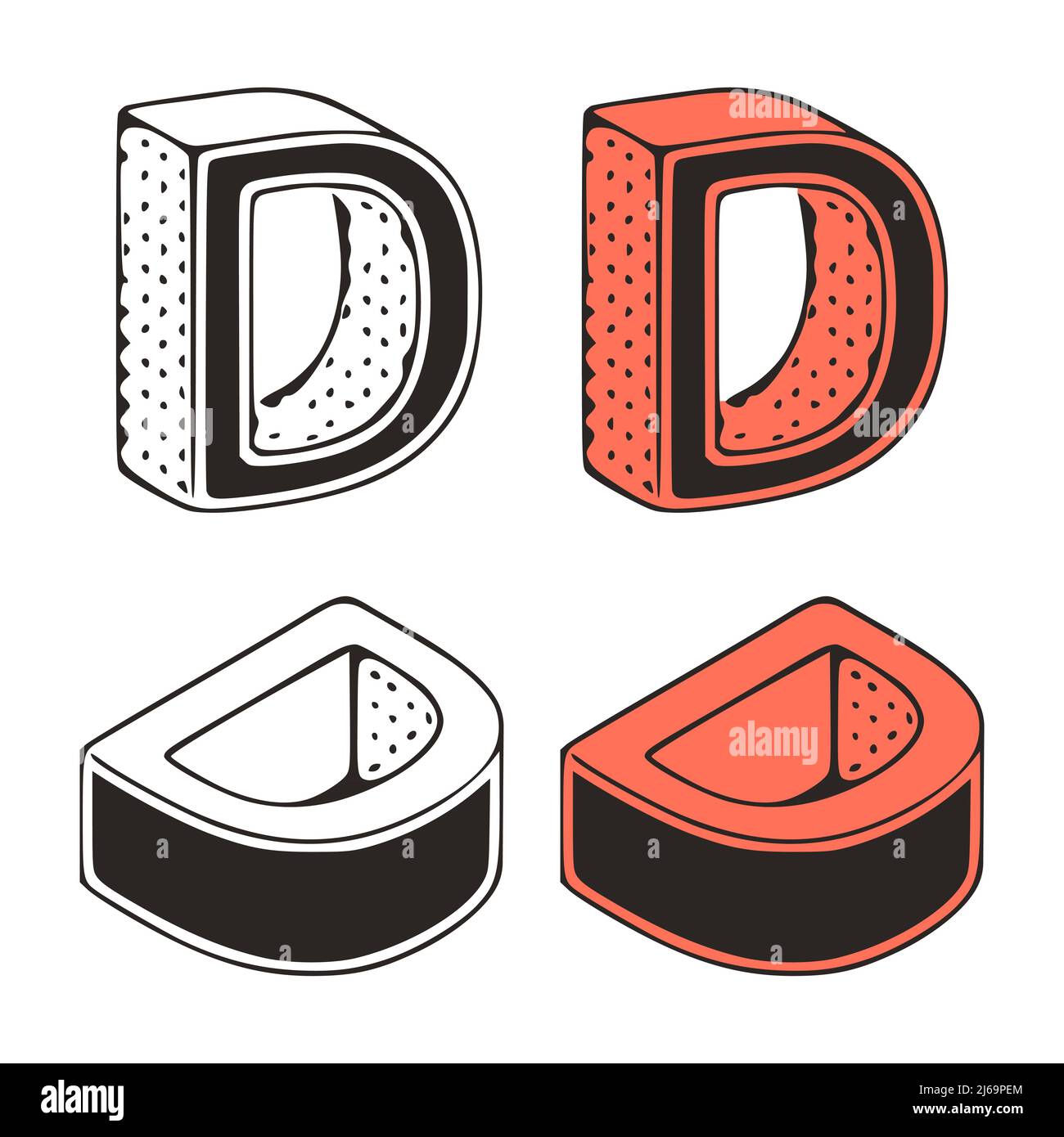 Isometric letter d doodle vector illustration on white background