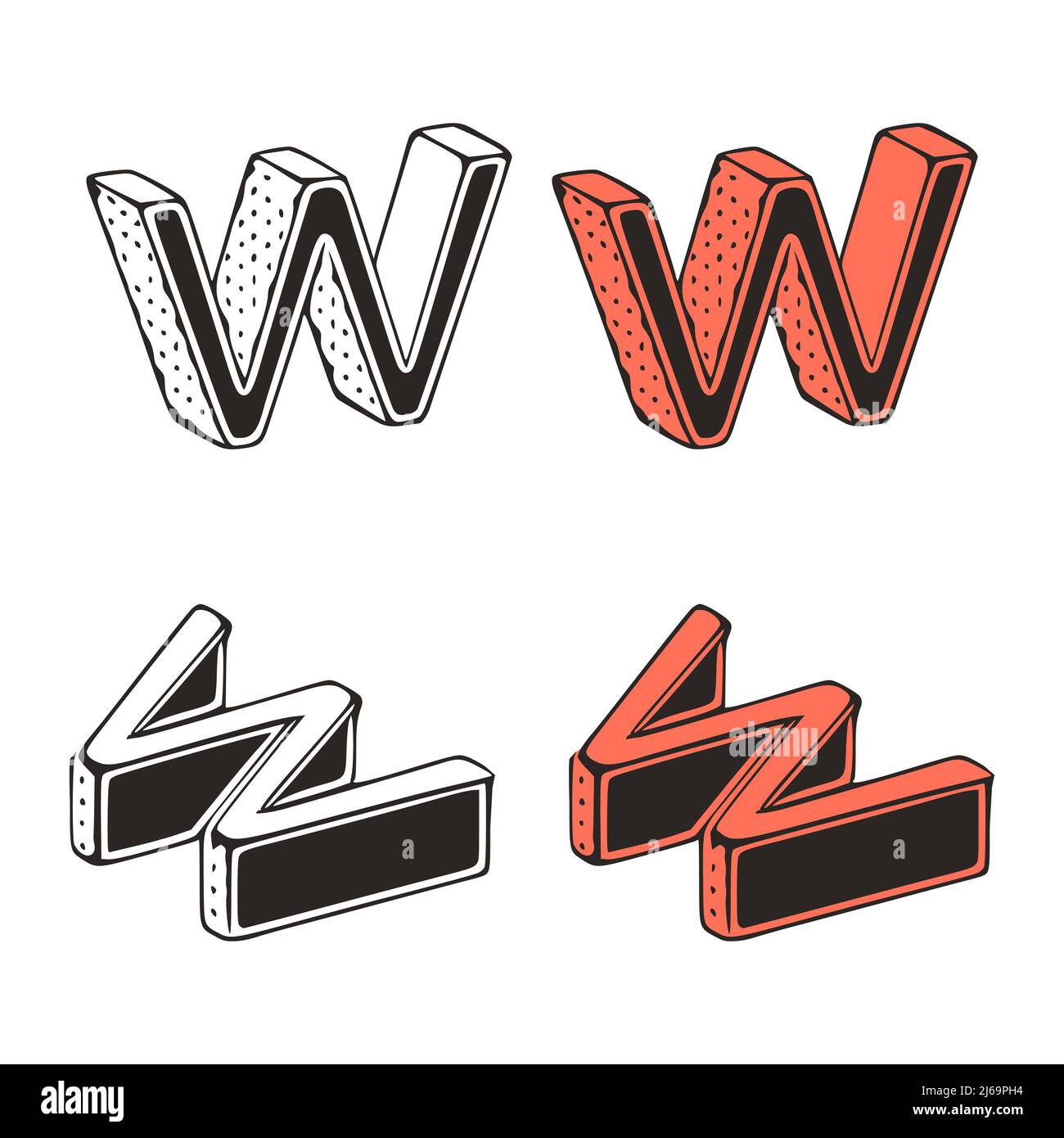 Isometric letter w doodle vector illustration on white background ...