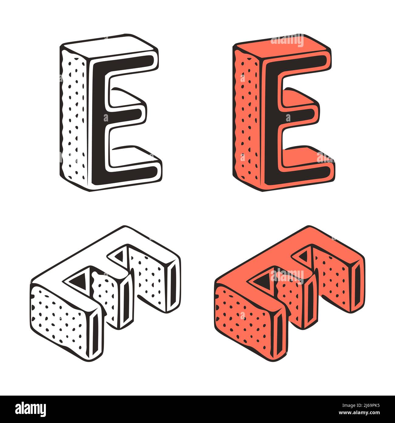 Isometric letter e doodle vector illustration on white background