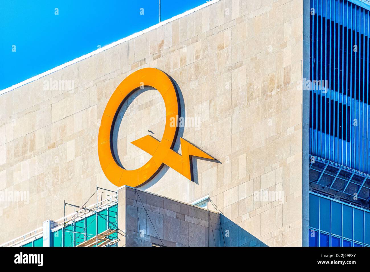 Hydro Quebec logo or sign on top of a modern building in the downtown district Stock Photo