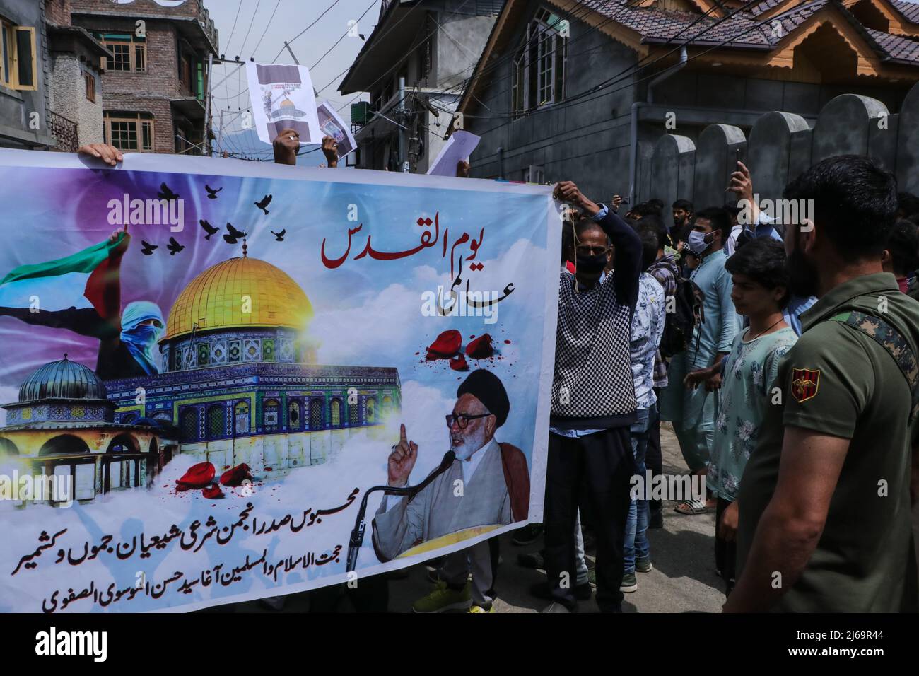 Kashmir, India. 29th Apr, 2022. Kashmiri Muslims march during a rally ...