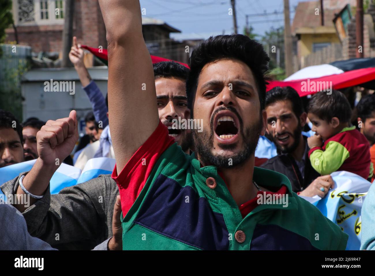 Kashmir, India. 29th Apr, 2022. A Kashmiri Muslim shouts slogan during ...