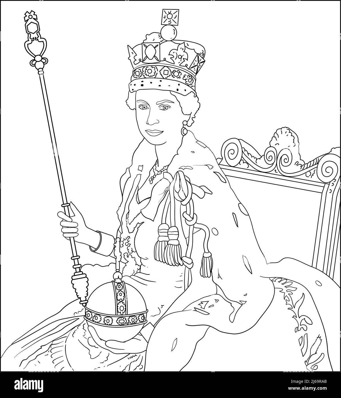 Black and white line drawing suitable for colouring in, educational worksheets, children's play Platinum Jubilee photocopiable Queen Elizabeth II art Stock Photo