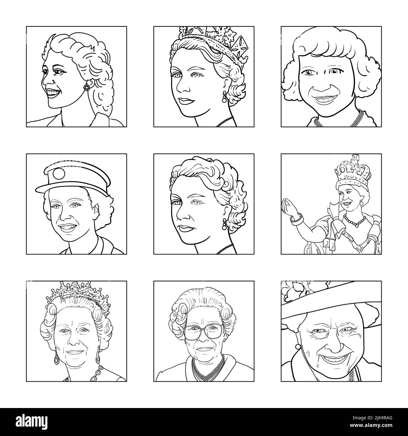 Black & white line drawingfor colouring in, educational worksheets, children's play Platinum Jubilee photocopiable Queen Elizabeth II through the ages Stock Photo