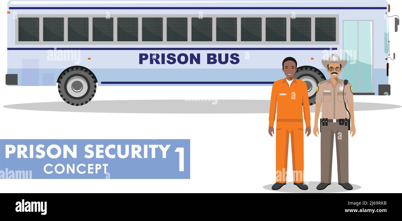 Detailed illustration of prison bus, police guard and prisoner on white background in flat style. Stock Vector