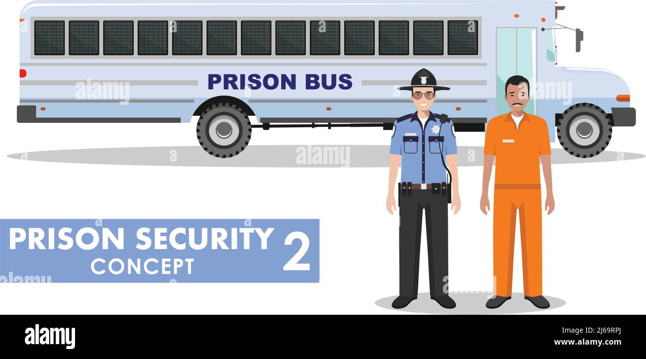 Detailed illustration of prison bus, police guard and prisoner on white background in flat style. Stock Vector