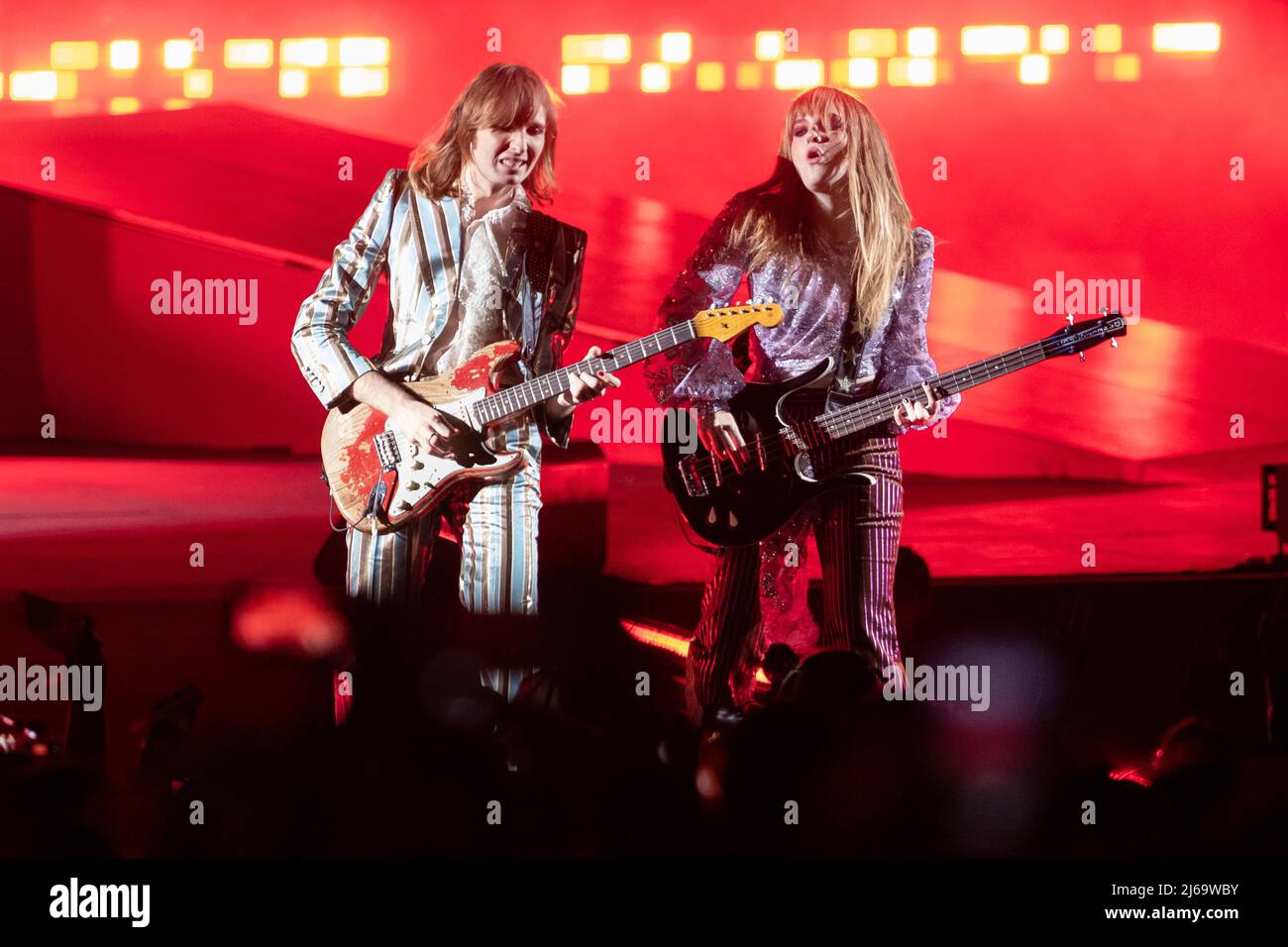 Verona, Italy. 28 April, 2022. Picture shows Maneskin band during the performs at Arena di Verona Credit: Roberto Tommasini/Alamy Live News Stock Photo