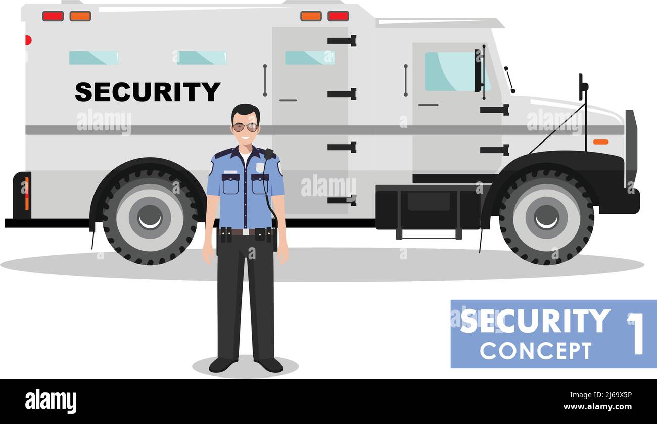 Detailed illustration of armored security car and security guard on white background in flat style. Stock Vector