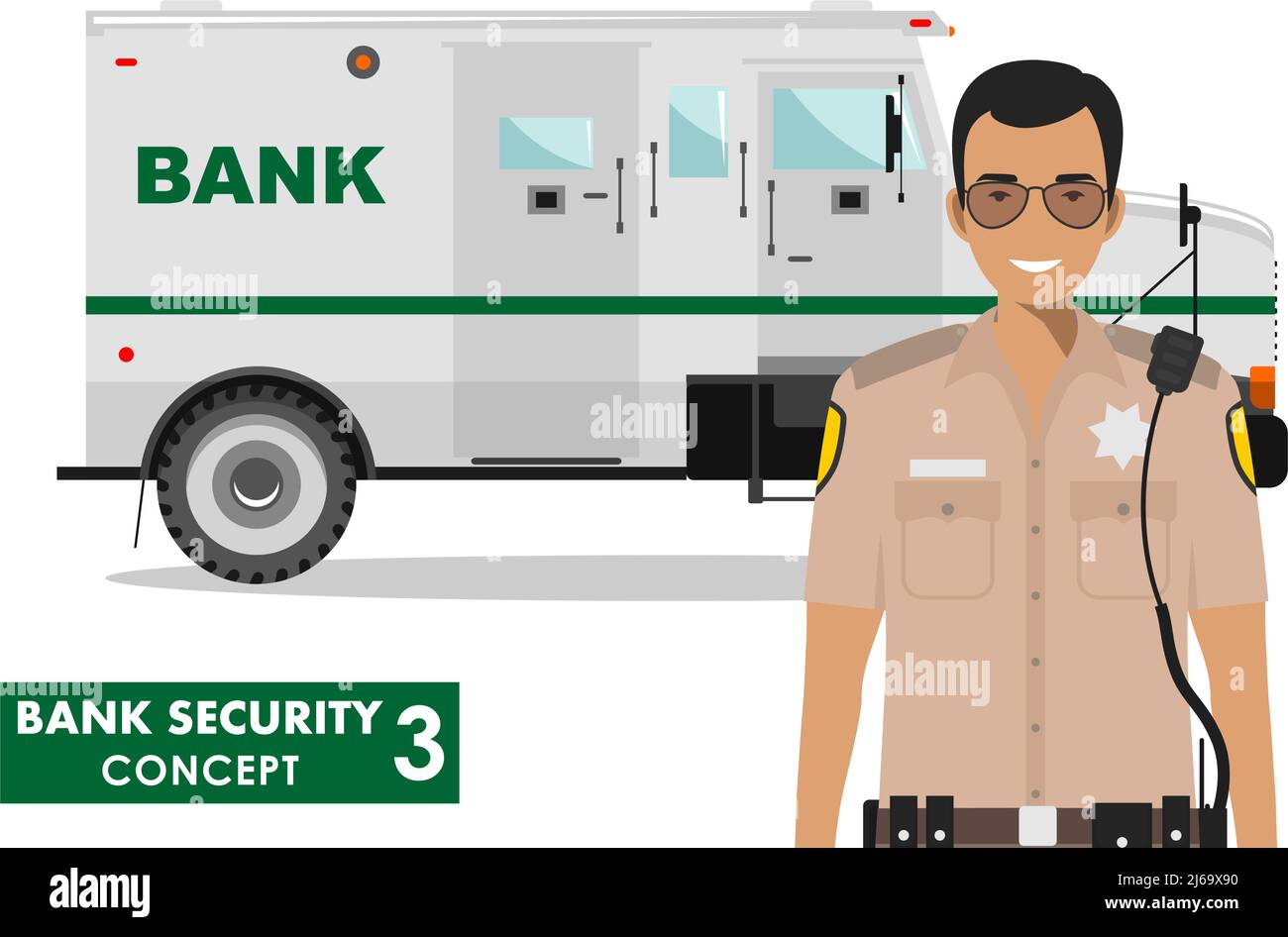 Detailed illustration of bank armored car and security guard on white background in flat style. Stock Vector