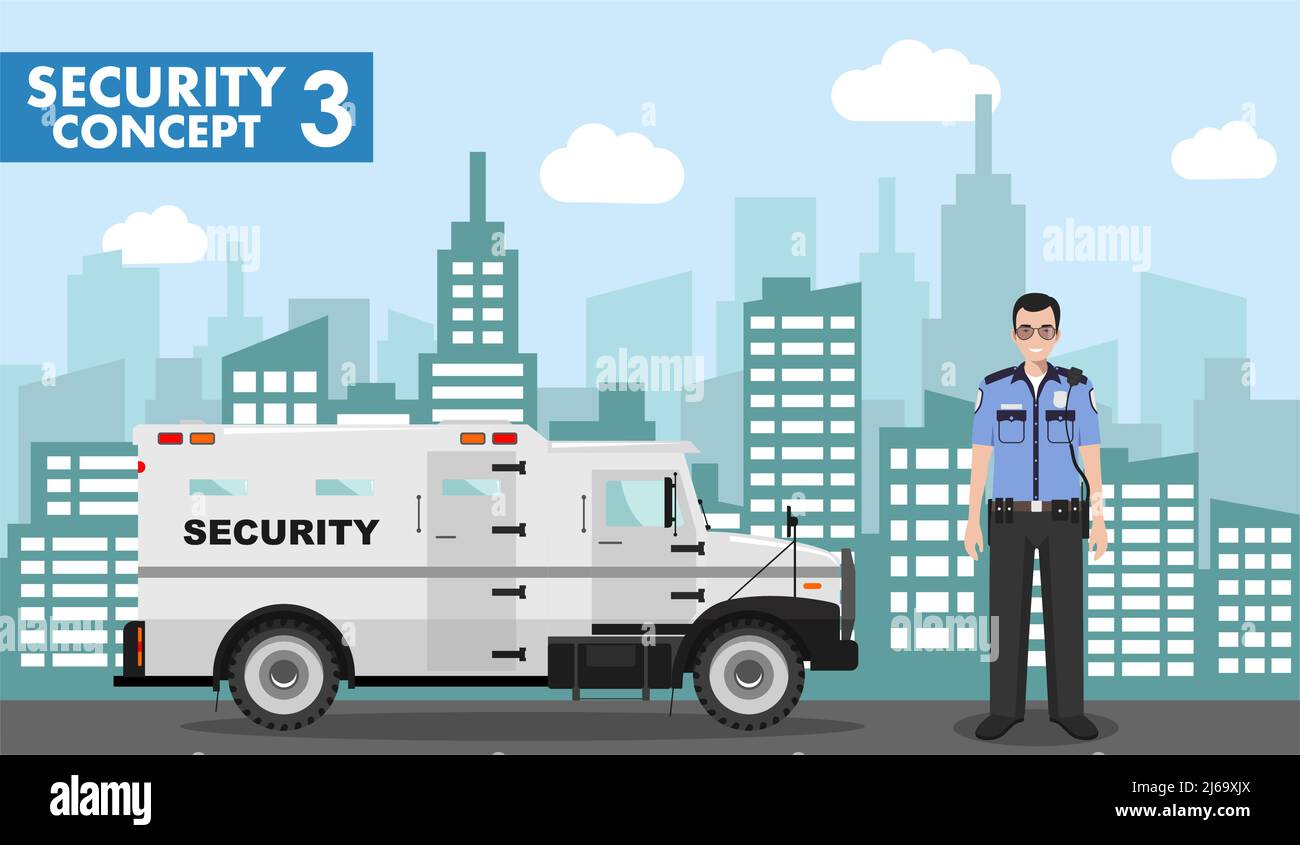 Detailed illustration of armored security car and security guard on background with cityscape in flat style. Vector illustration. Stock Vector