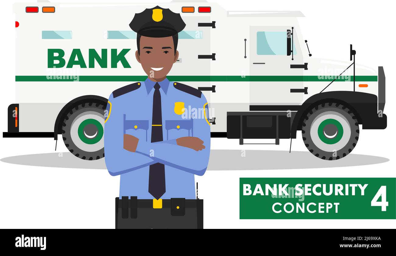 Detailed illustration of bank armored car and african american security guard on white background in flat style. Stock Vector