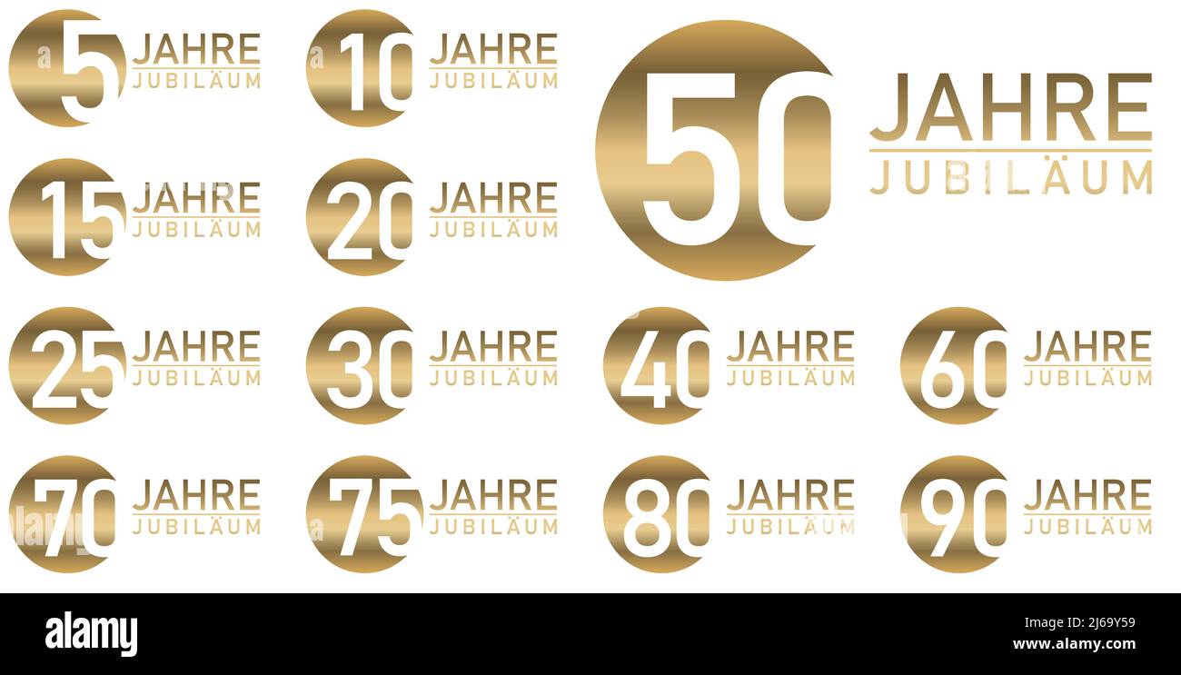 eps vector file with golden anniversary seal on white background for success or firm jubilee with text 5 to 90 years (german text) Stock Vector