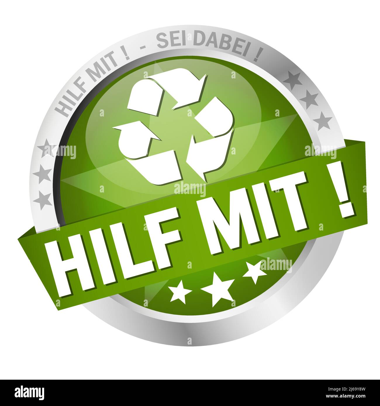 EPS 10 vector with round colored button with banner and text help (in german) Stock Vector