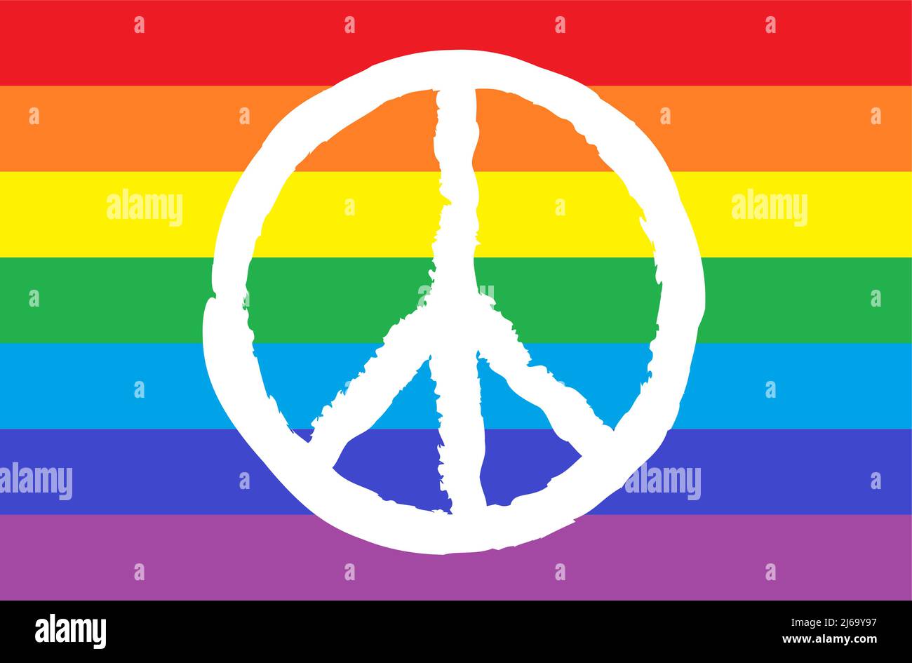 eps vector illustration showing peace sign colored white on rainbow colors flag Stock Vector