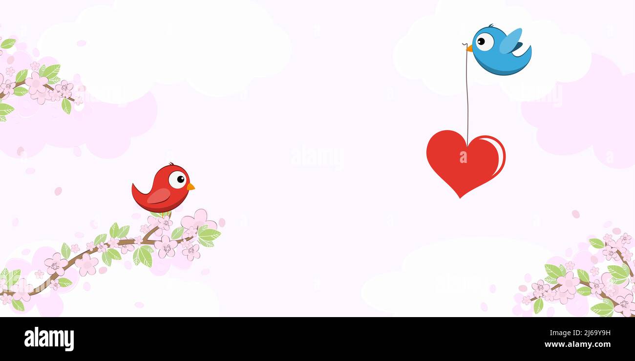 eps vector file with red and blue colored birds in love, flying and sitting on branches with blossoms and green leaves in spring time, holding big hea Stock Vector
