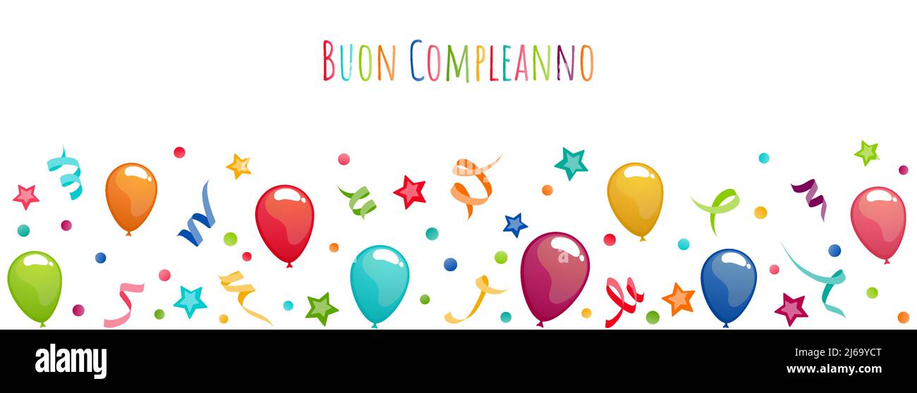 eps vector illustration file banner with birthday greetings (italian text) with balloons, streamers, confetti and stars for birthday and party time co Stock Vector