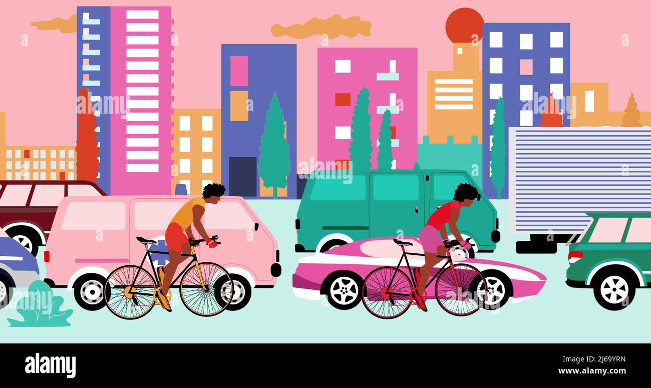 African American cyclists are riding bicycle on road with traffic jam ...