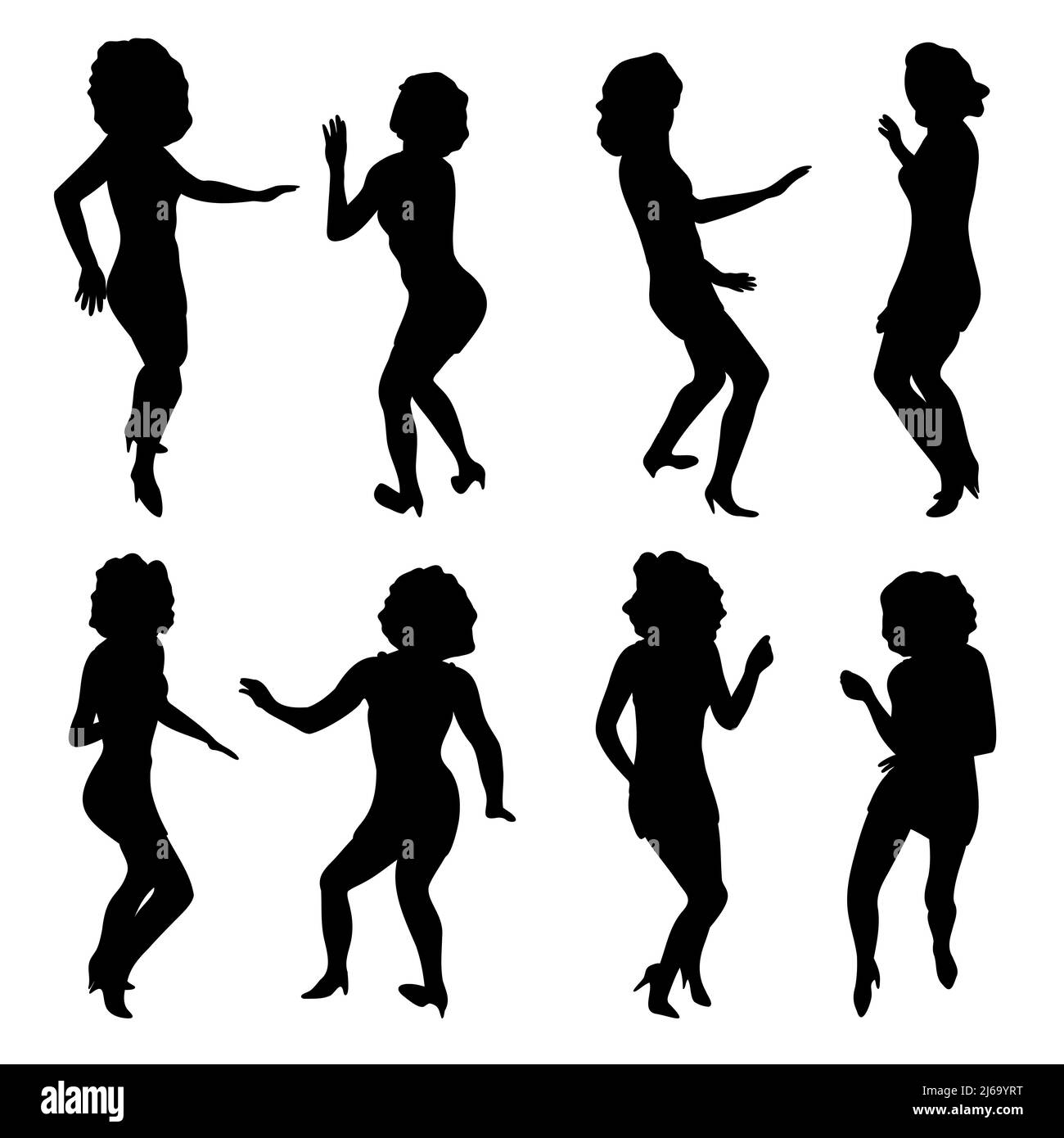 Women in skinny dress dancing black silhouettes. Set of moving disco curly girl shapes. Party abstract poses. Vector illustration for flyer, poster, card, holiday concept. Stock Vector