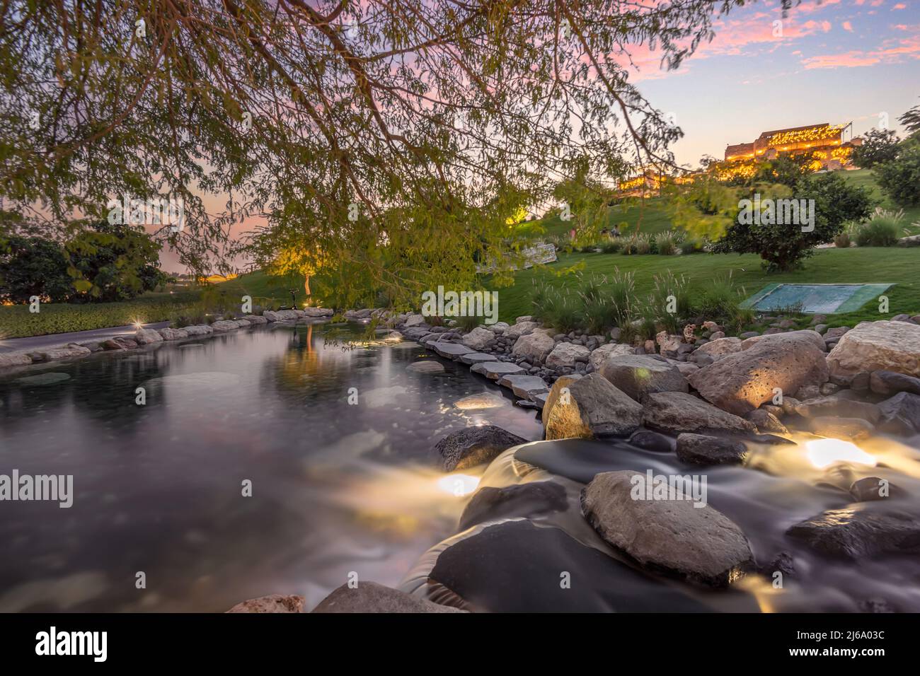 Beautiful and green park in Katara Cultural Village, Katara Lake Hill Stock Photo