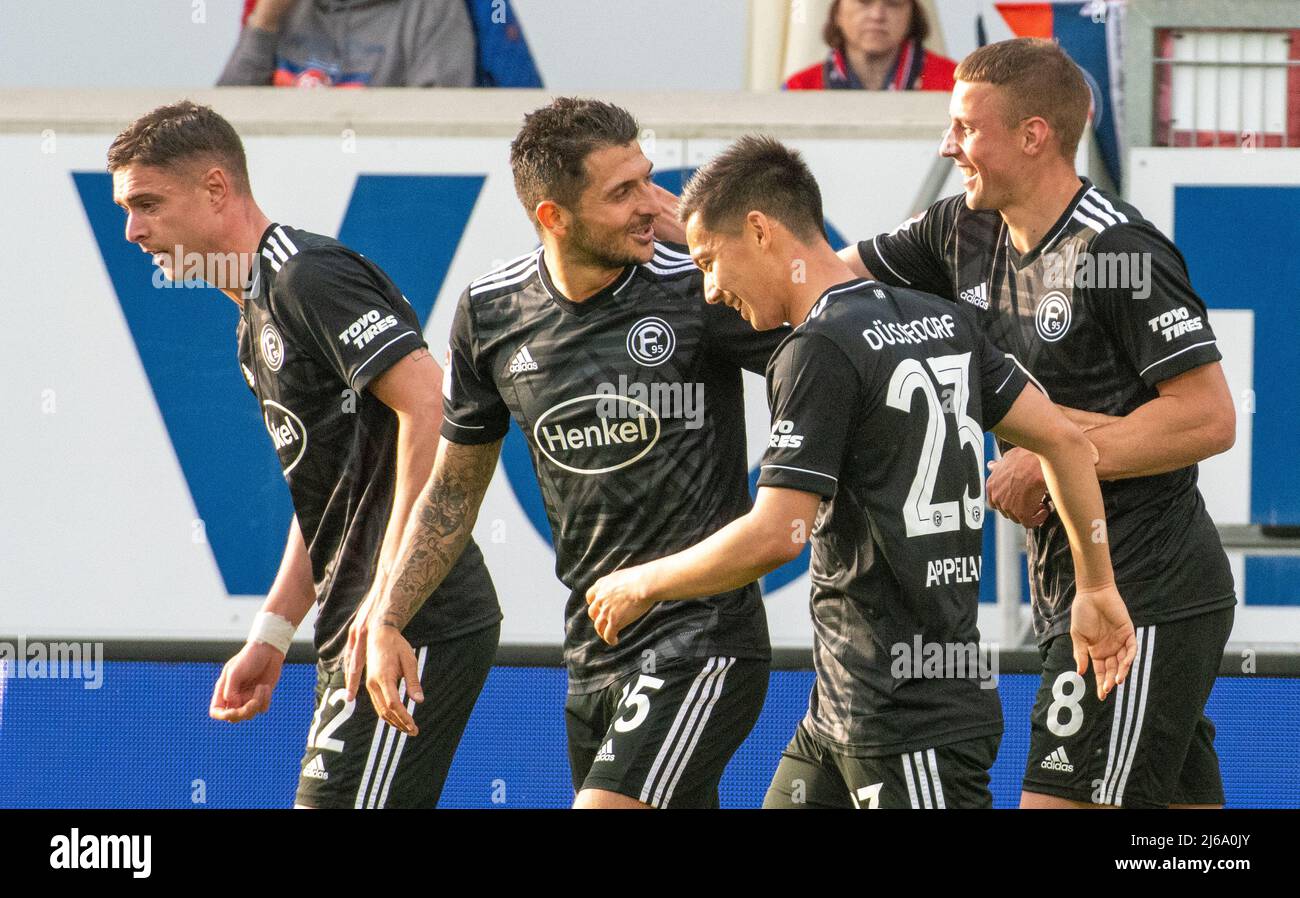 Germany. 29th Apr, 2022. 29 April 2022, Baden-Wuerttemberg, Heidenheim:  Soccer: 2nd Bundesliga, 1. FC Heidenheim - Fortuna Düsseldorf, Matchday 32,  Voith Arena. Düsseldorf's (l-r) Kristoffer Peterson, Matthias Zimmermann,  Shinta Appelkamp and Jakub