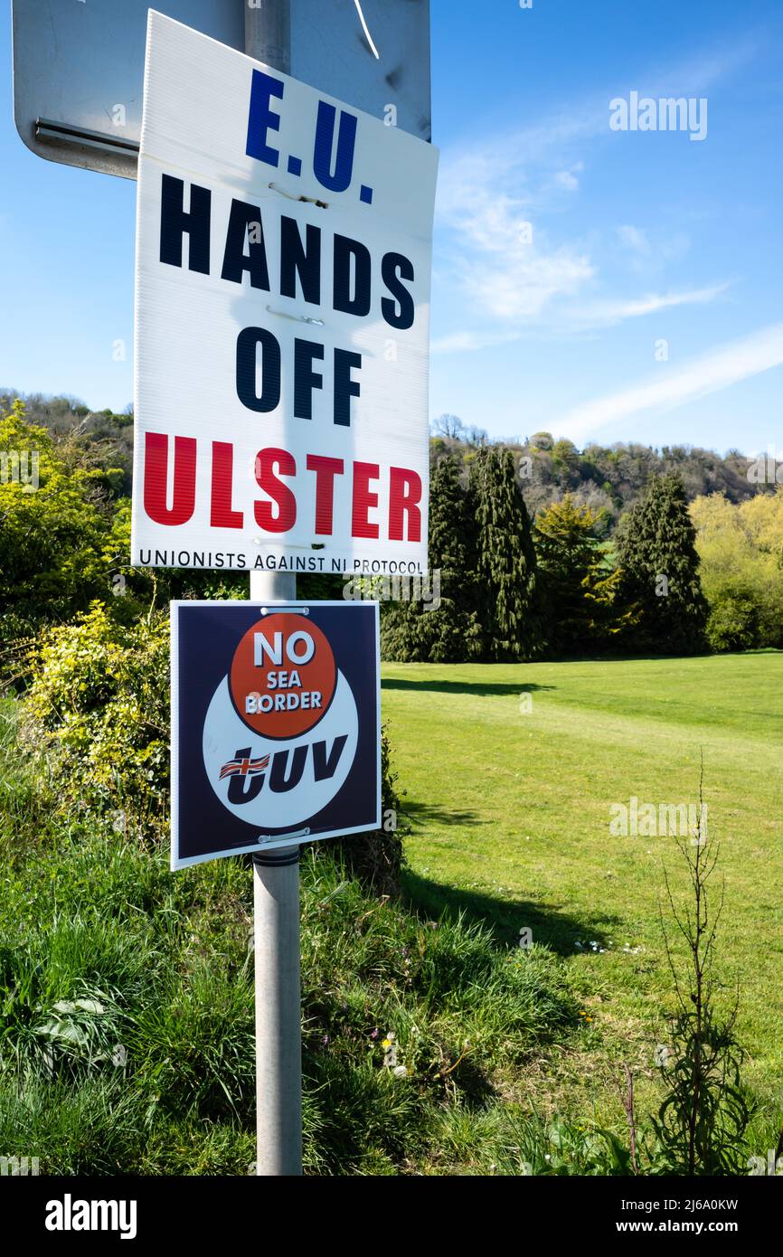 Anti Northern Ireland Protocol sign just outside the village of Glynn near Larne in Co. Antrim. Stock Photo