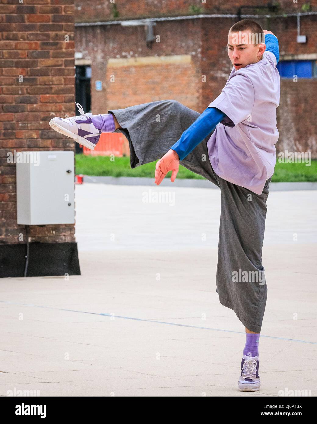 London, UK, 29th April 2022. Dylan Springer (left) performs solo moves