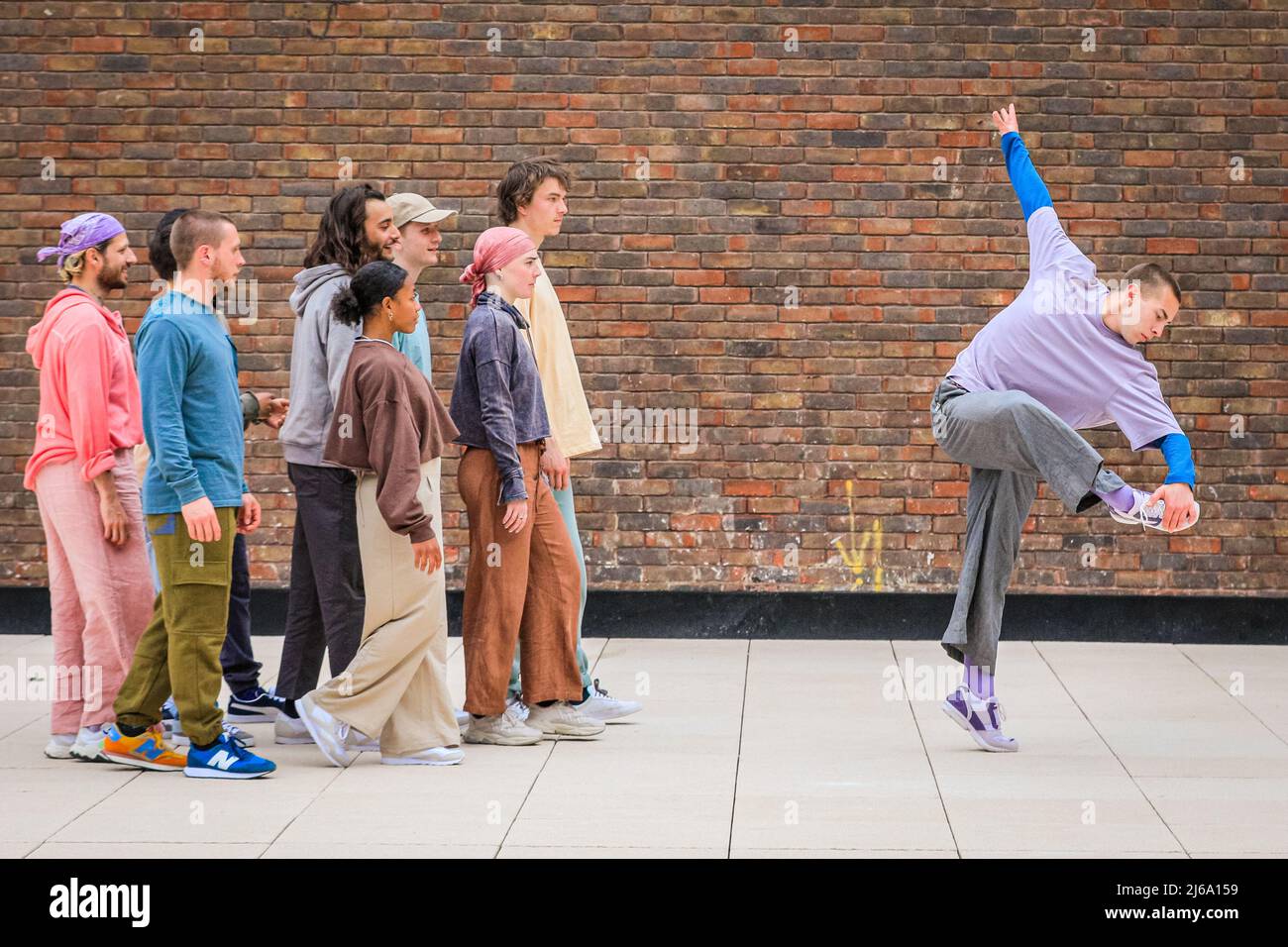 London Uk 29th April 22 Dylan Springer Left Performs Solo Moves And Jumps With The Rest Of The Cast Performers During The Photocall Run Through For The New Ockham S Razor Show Public Performing