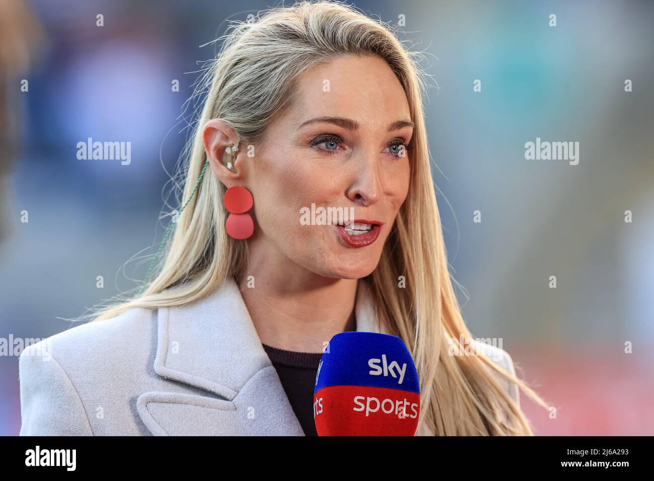 Jenna Brooks of Sky Sports during a live video broadcast before the Betfred Super League Round 11 fixture, Warrington Wolves v Wigan Warriors Stock Photo