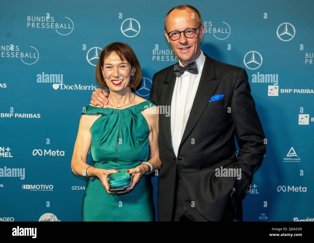 Berlin, Germany. 29th Apr, 2022. 29 April 2022, Berlin: Friedrich Merz, Chairman of the (CDU) comes with wife Charlotte Merz to the 69th Federal Press Ball at the Hotel Adlon. Under the motto 'A ball for solidarity with Ukraine. For freedom of the press', the ball will be held for the first time since the beginning of the pandemic. Photo: Monika Skolimowska/dpa Credit: dpa picture alliance/Alamy Live News Stock Photo
