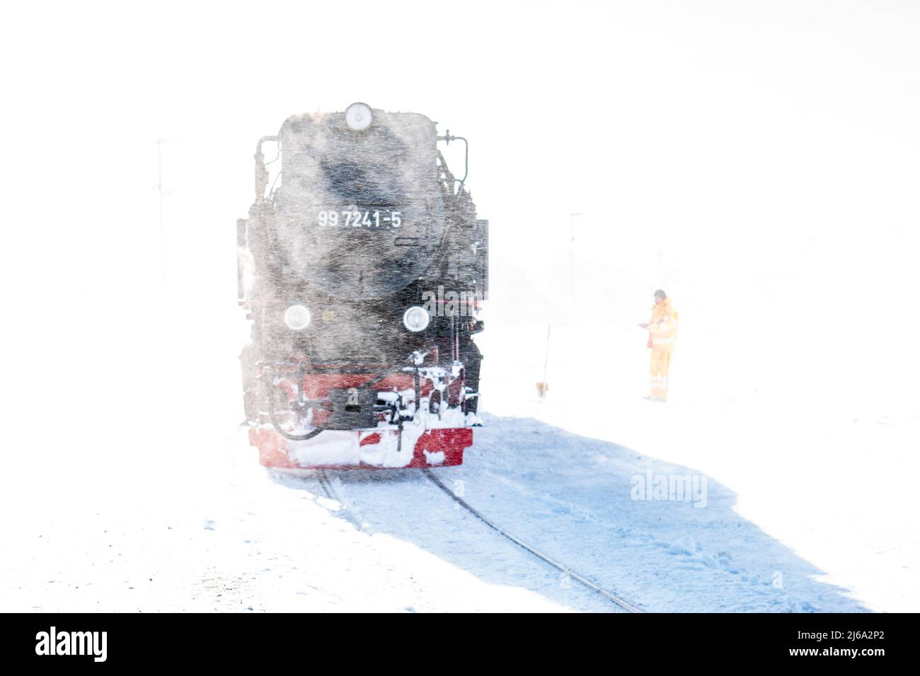 High key of a steam train in winter at Brocken, Germany Stock Photo