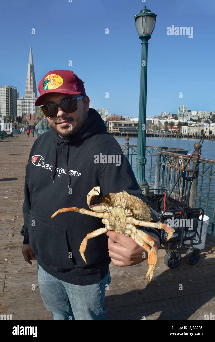 A man holds a crab he caught while recreational crabbing off Pier 7, a  popular fishing pier in San Francisco, California Stock Photo - Alamy
