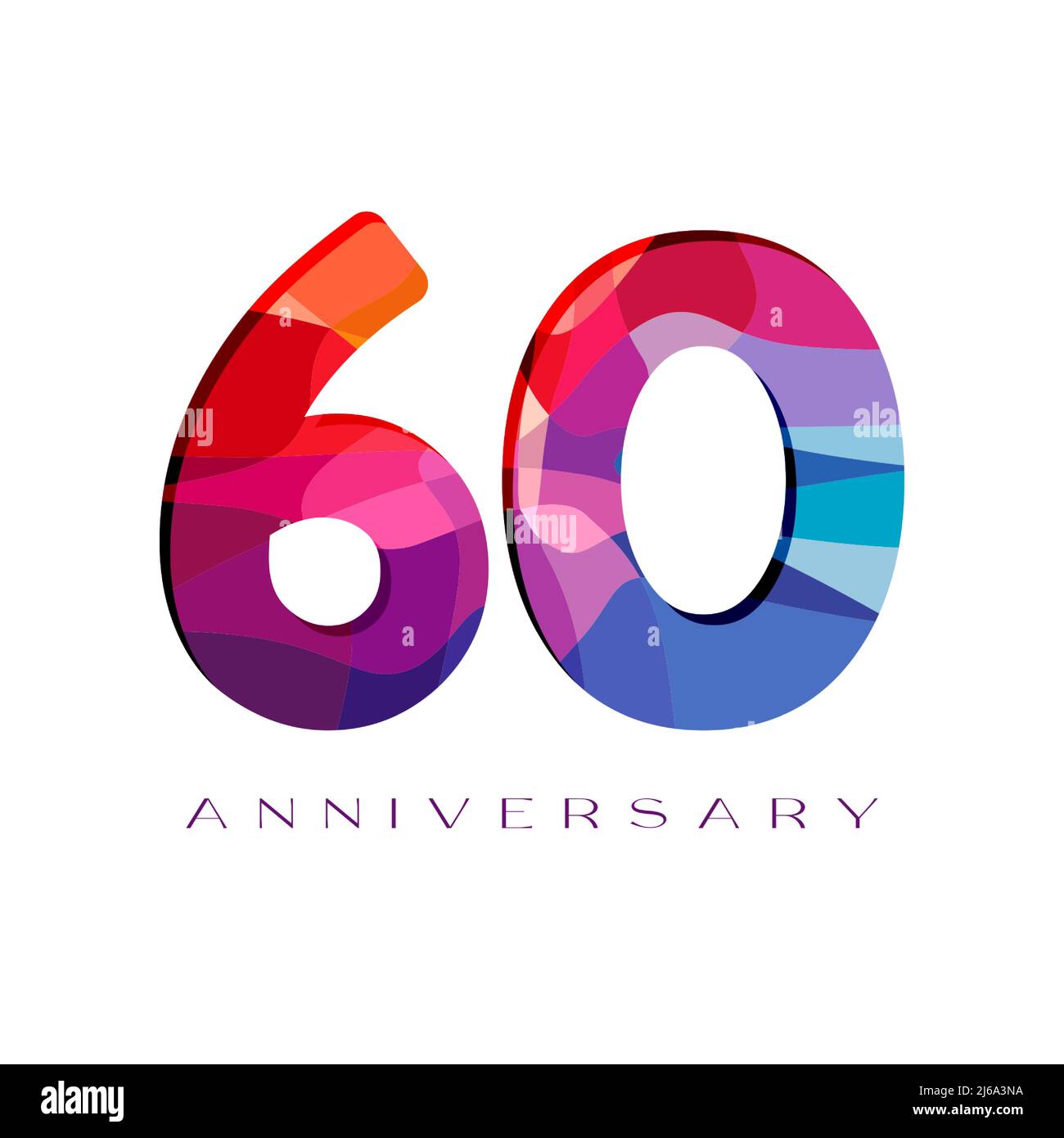 Anniversary 60th 3D concept. 60 years old red and blue numbers. Isolated abstract graphic design template. Creative bright 6 and 0 in stained-glass st Stock Vector