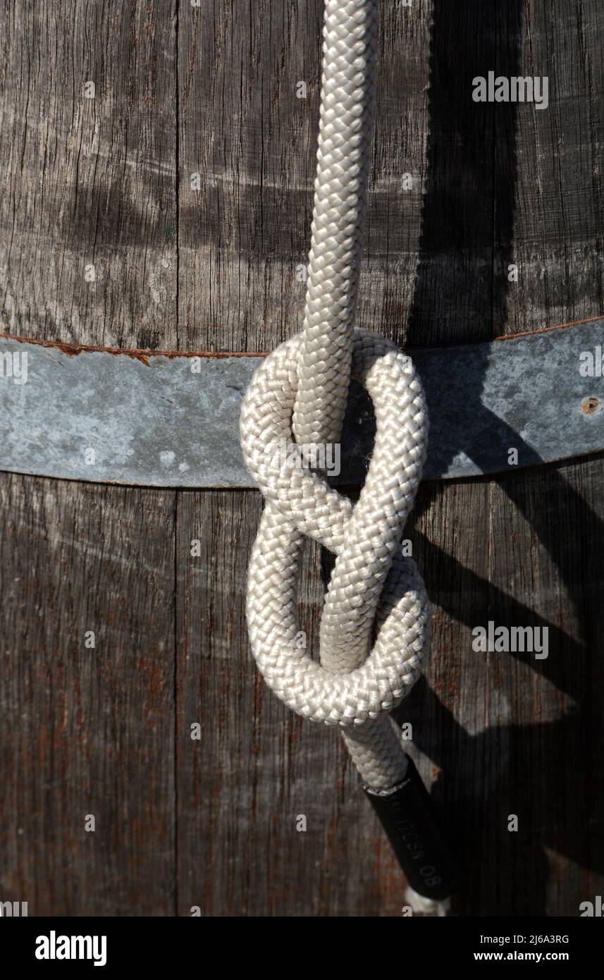 A display showing a figure 8 knot in an exhibit at the San Francisco Maritime National Historical Park in San Francisco. Stock Photo