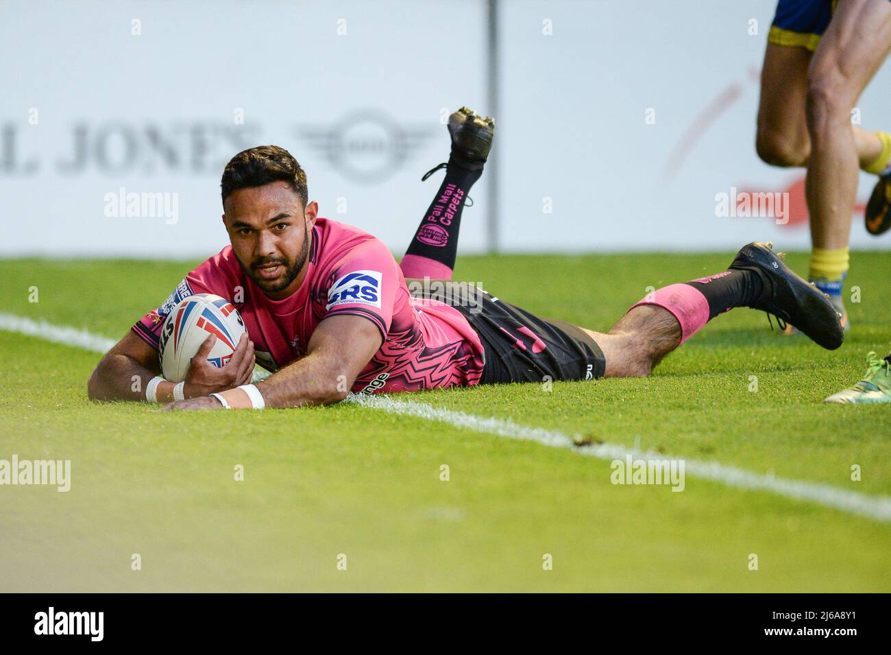 Warrington, UK. 29th Apr, 2022. Warrington, England -29th April 2022 - Bevan French of Wigan Warriors scores a try. Rugby League Betfred Super League Round 10 Warrington Wolves vs Wigan Warriors at Halliwell Jones Stadium, Warrington, UK  Dean Williams Credit: Dean Williams/Alamy Live News Stock Photo