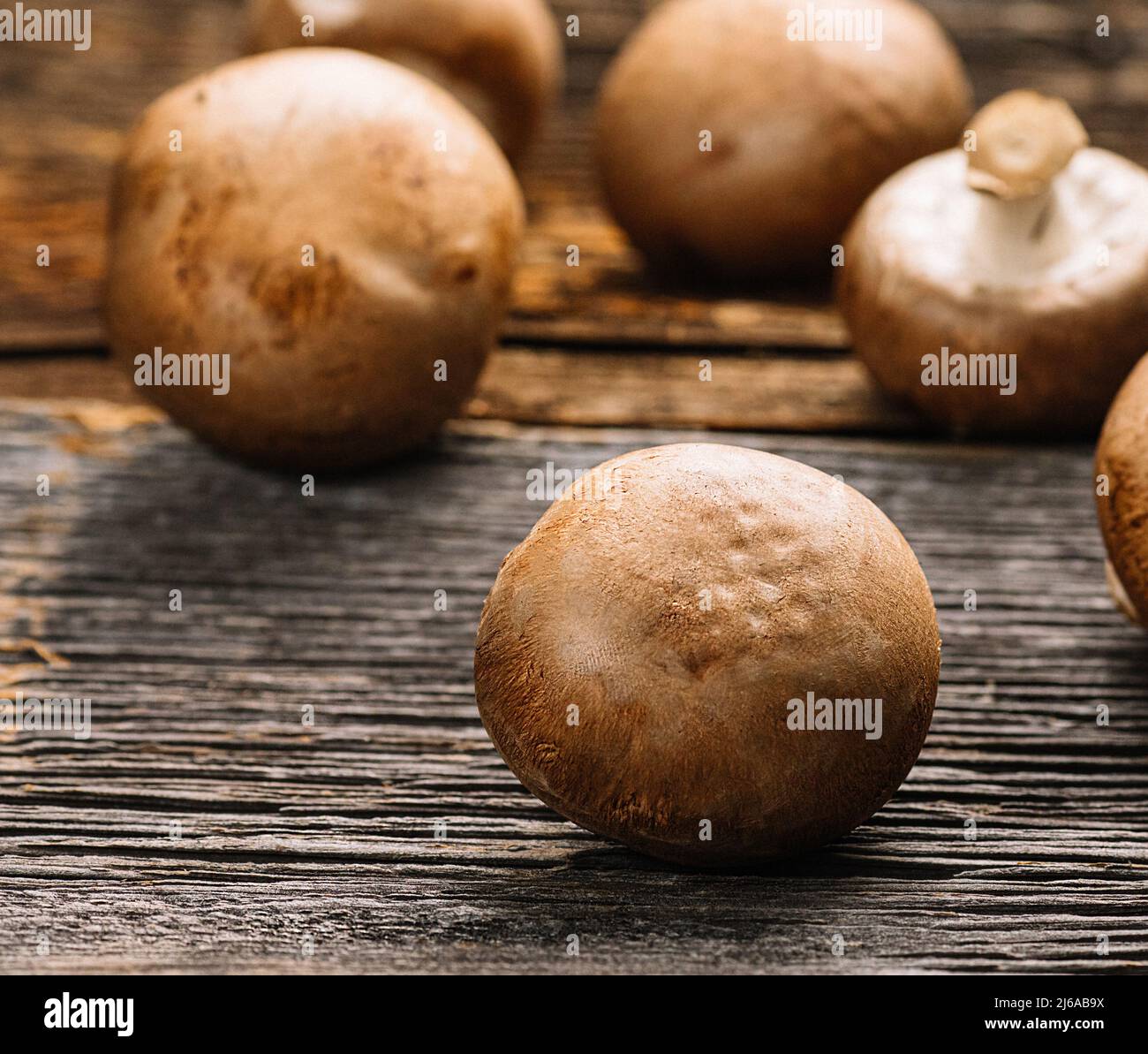 Several fresh champignons mushrooms on old wooden background, selective focus Stock Photo