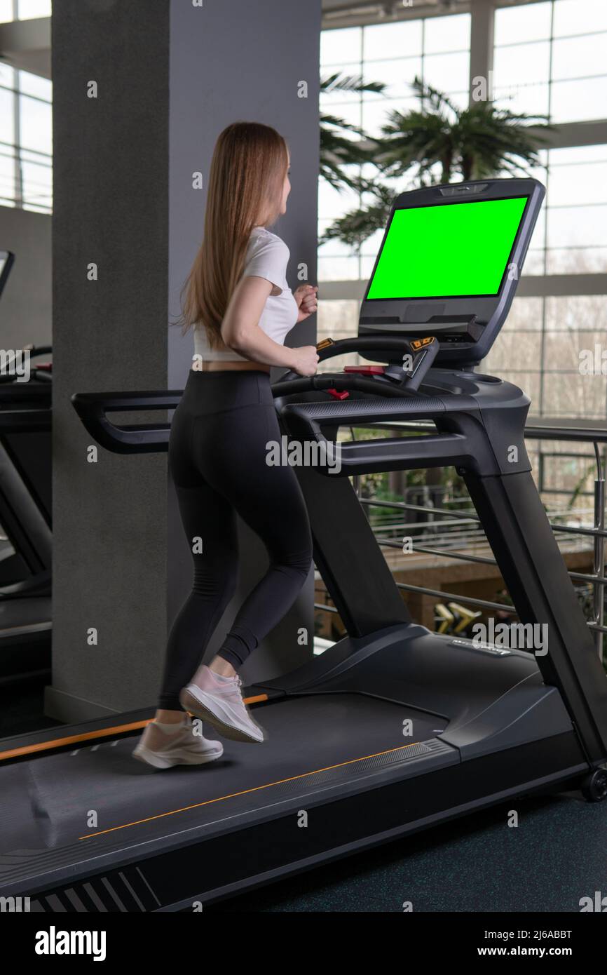Woman treadmill young length indoors profile full exercise sport, concept healthy lifestyle lifestyle fit from person for machine gym, sportswoman Stock Photo