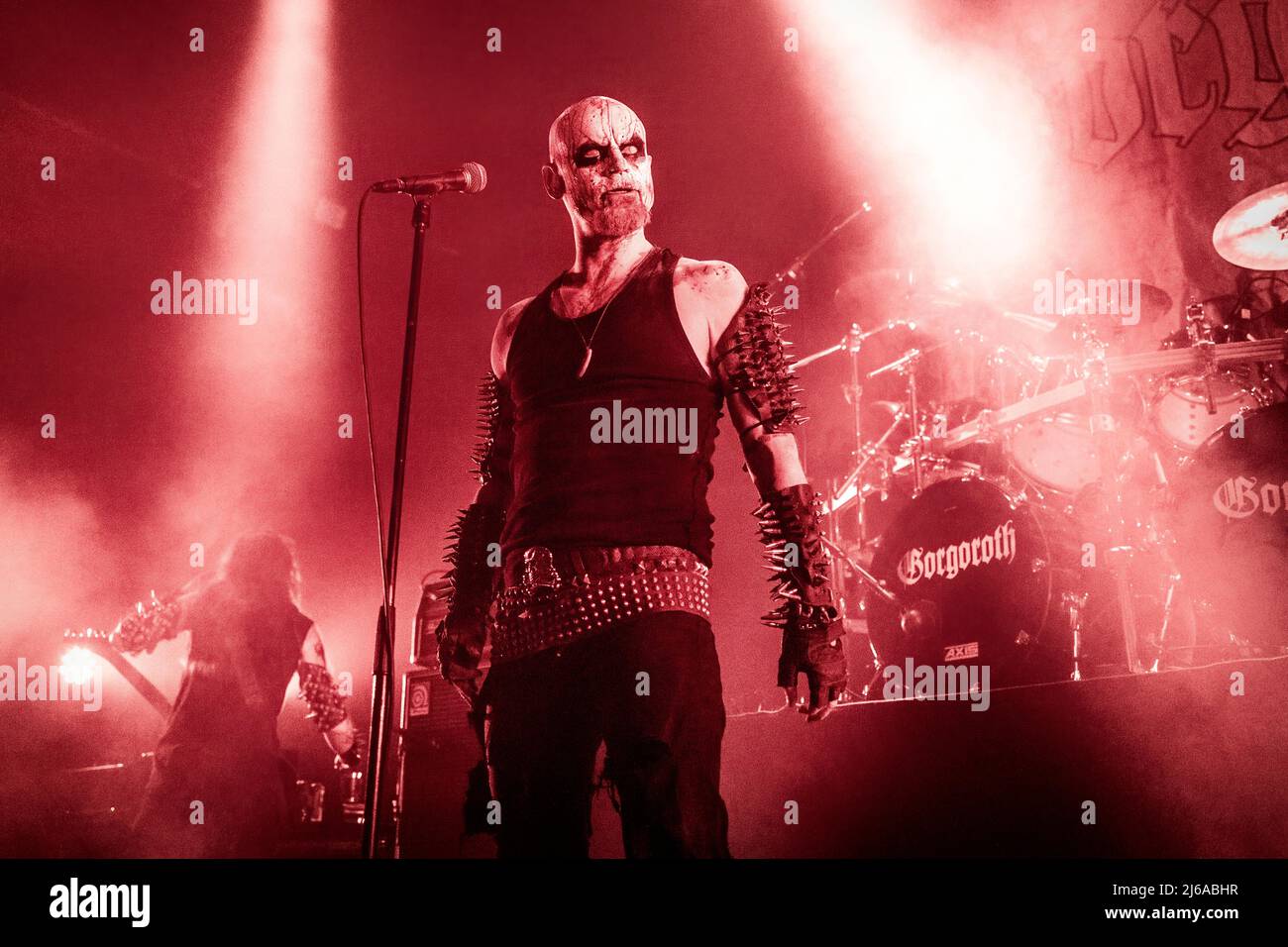 Oslo, Norway. 15th, April 2022. The Norwegian black metal band Gorgoroth performs a live concert at Rockefeller during the Norwegian metal festival Inferno Metal Festival 2022 in Oslo. Here vocalist Atterigner is seen live on stage. (Photo credit: Gonzales Photo - Terje Dokken). Stock Photo