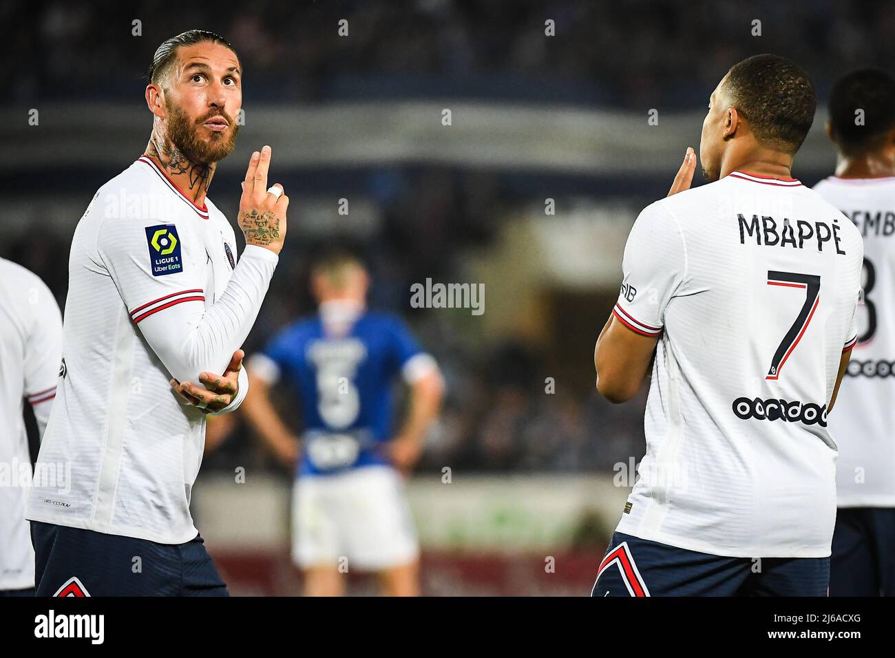 Strasbourg, France. 29th Apr, 2022. Kylian MBAPPE of PSG celebrate his goal  with Sergio RAMOS of PSG during the French championship Ligue 1 football  match between RC Strasbourg and Paris Saint-Germain on
