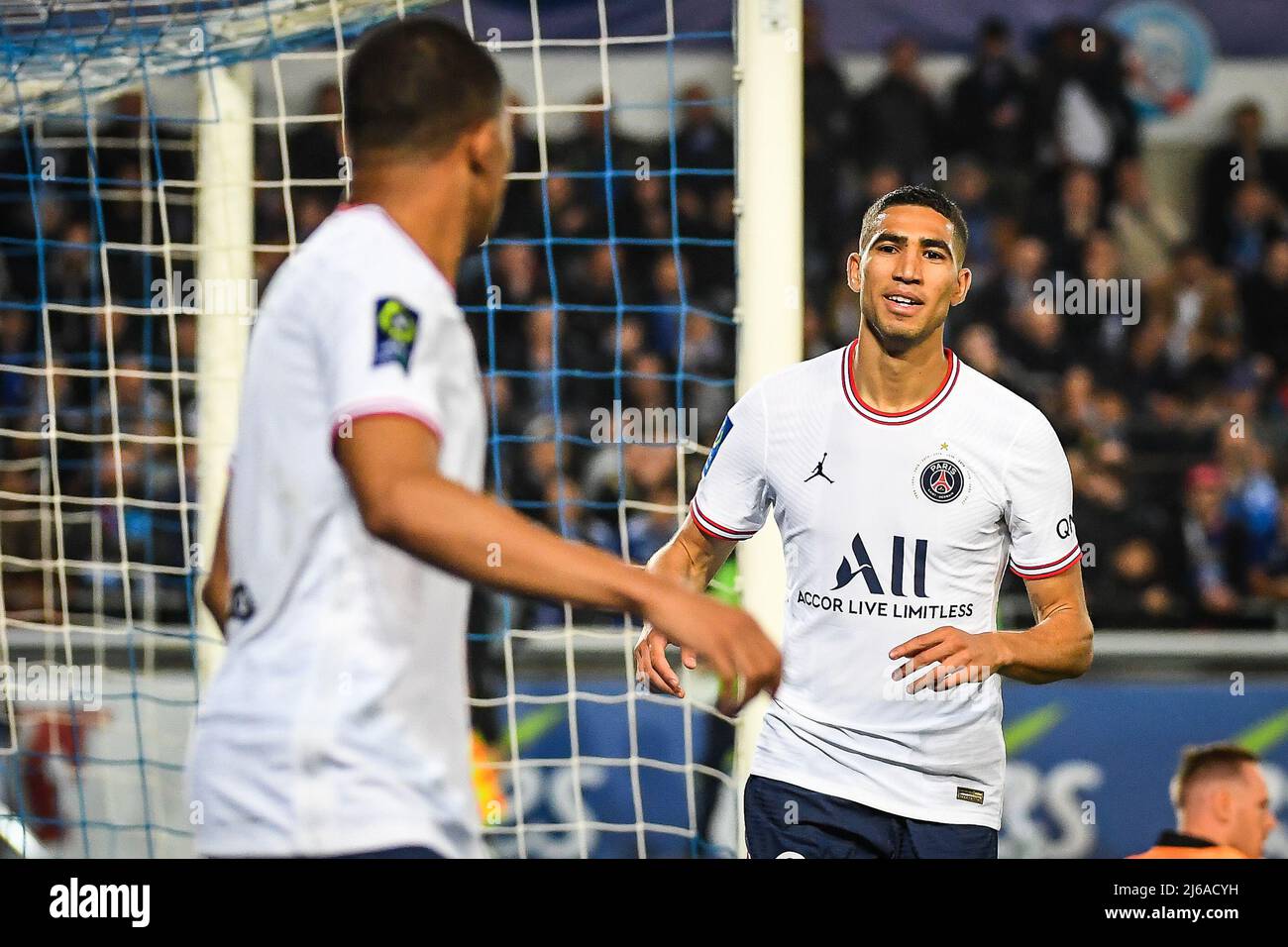 April 29 22 Strasbourg France France Achraf Hakimi Of Psg Celebrate His Goal With Kylian Mbappe Of Psg During The Ligue 1 Match Between Racing Club De Strasbourg And Paris Saint Germain Psg