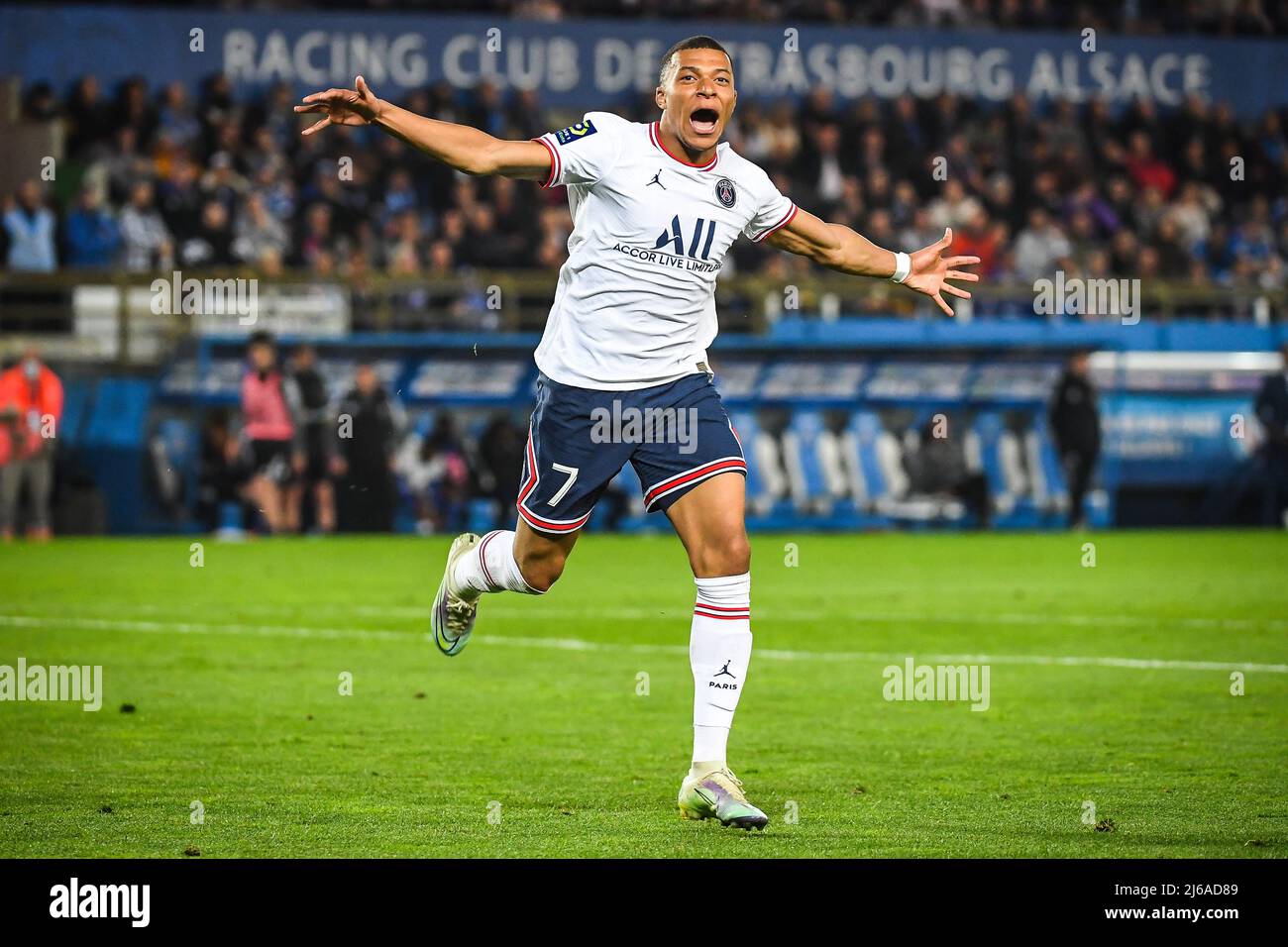 April 29, 2022, Strasbourg, France, France: Kylian MBAPPE of PSG celebrates  his goal during the Ligue 1 match between Racing Club de Strasbourg and Paris  Saint-Germain (PSG) at La Meinau stadium on