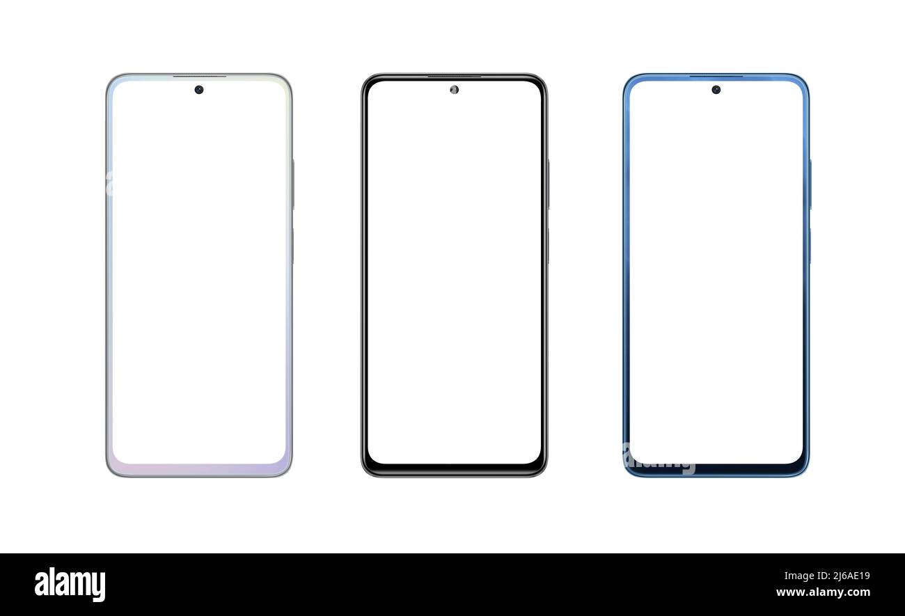 Modern smart phones in three white perla, black and blue perla colors. Isolated screen and background for mockup Stock Photo