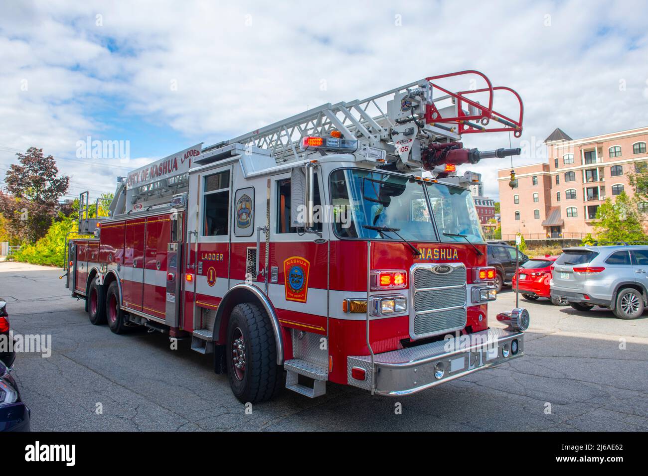 Nashua Fire Department fire truck in historic downtown Nashua, New
