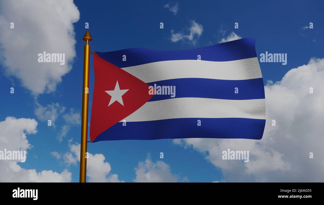National flag of Cuba waving 3D Render with flagpole and blue sky, Bandera de Cuba or Estrella Solitaria and Lone Star flag, Republic of Cuba flag Stock Photo