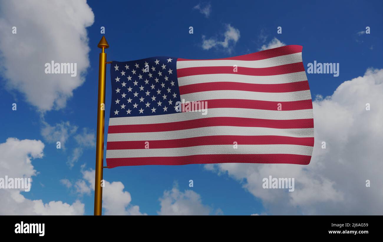 National flag of United States of America 3D Render with flagpole and blue sky, American or U.S. flag textile, USA flag uncle sam or big brother Stock Photo