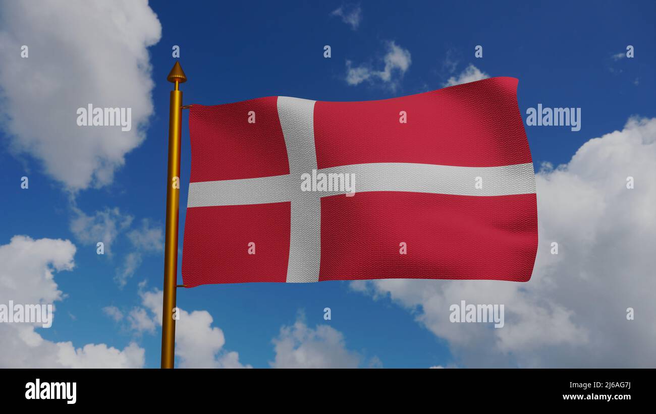 National flag of Denmark waving 3D Render with flagpole and blue sky, Dannebrog with white Scandinavian cross textile, flag kings of Denmark has Stock Photo