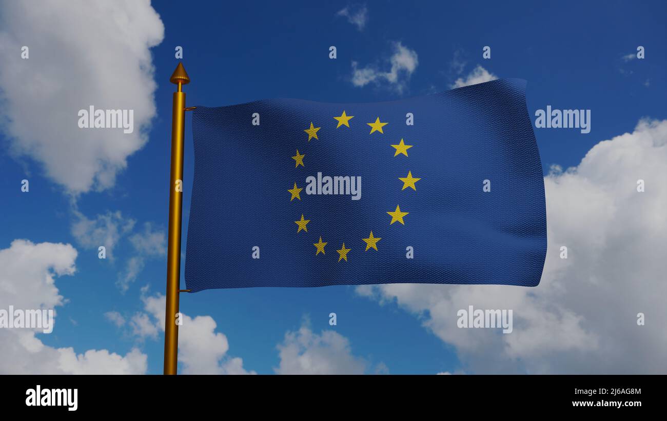 European Union flag 3D Render with flagpole and blue sky, EU Flag of ...